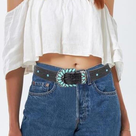 Women’s Western Turquoise Cowgirl Black Leather Belt for Jeans & Pants 42\